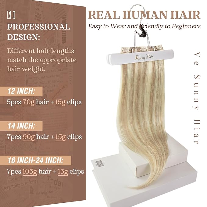Ve Sunny Blonde Clip in Hair Extensions Human Hair Clip in Extensions Highlight Caramel Blonde with Platinum Blonde Real Hair Extensions Clip in Human Hair Any Occasion 120g 24 Inch