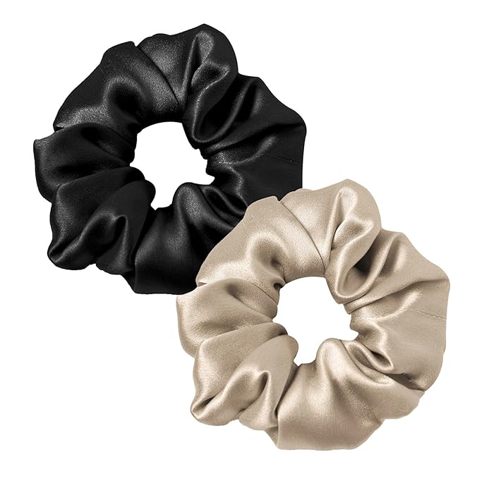 LILYSILK Silk Hair Scrunchies/Ties for Frizz & Breakage Prevention, 100% Mulberry, No Damage, Elastic ponytail Holders, 2Pc, Black&Light Coffee