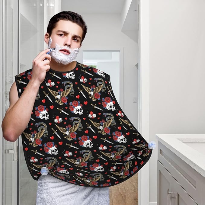 Beard Hair Catcher Bib, Waterproof Non-Stick Grooming Apron for Shaving Trimming, Perfect for Men Dad, Vintage Rock Snake Knife Wild Eagle Rose Skull Shave Bib