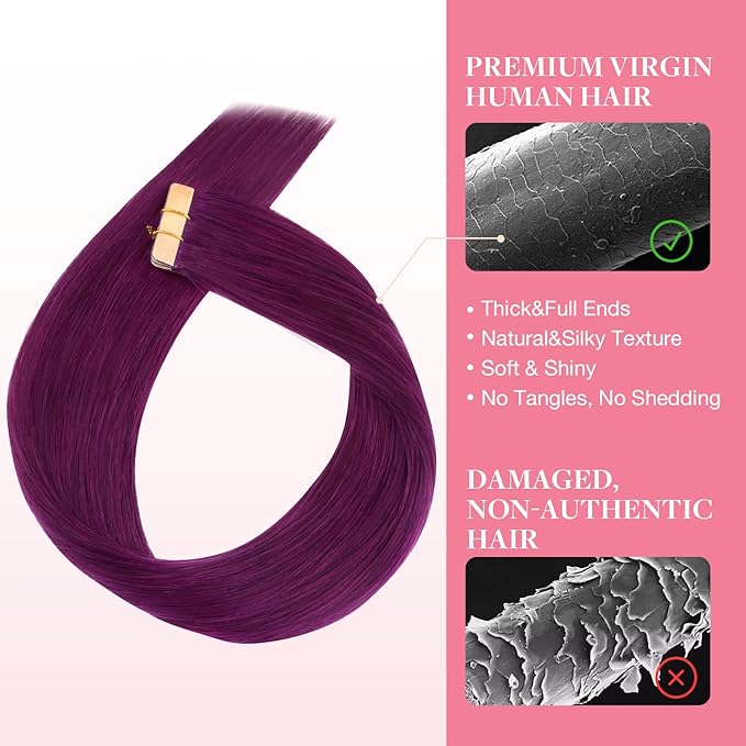 GOO GOO Tape in Hair Extensions Human Hair, Violet, 14inch 25g 10pcs, Colored Tape ins Human Hair Extensions, Silky&Soft Invisible Tape Ins, Hair Highlighted for Party