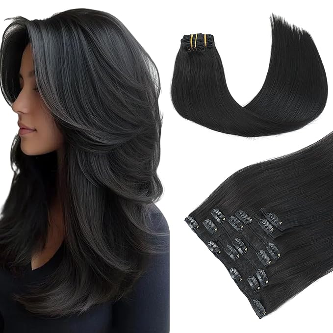 PINKPEARL Clip in Human Hair Extensions #1B Natural Black Clip in Hair Extensions Real Human Hair 22 inch Remy Hair 120g 7pcs Straight Natural Human Hair Clip ins(#1B-22)