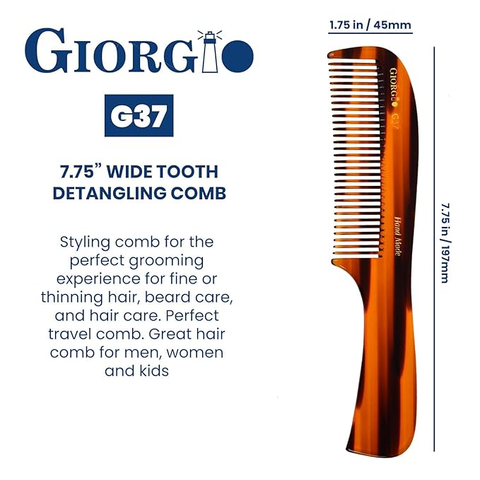 Giorgio G37 Large Coarse Detangler Comb, Wide Teeth for Thick, Curly, or Wavy Hair – For Wet and Dry Use, Handmade Rake Saw-Cut from Polished Cellulose (Tortoiseshell)