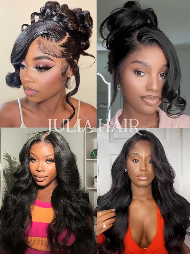 Julia Hair 13x4 Pre-Everything™ Loose Body Wave Human Hair Wig HD Lace Frontal Glueless Wig with Drawstring Face Framing Curtain Bangs Frontal 3D Body Wave Wig for Black Women Put On and Go 22 Inch