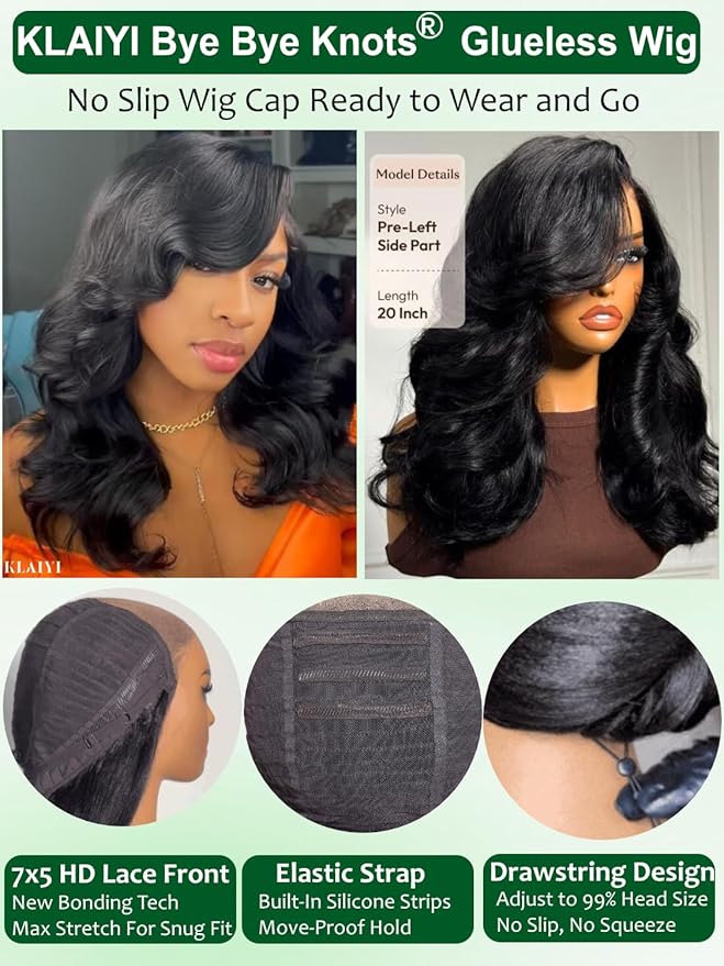 KLAIYI Bye Bye Slip™ Loose Body Wave Wig Layer Side Part 200% Density 7X5 Pre Cut Lace Front Wigs Human Hair Drawstring Glueless 30S Ready to Wear and Go Beginner Wig Pre Plucked Bleached Knots 10Inch