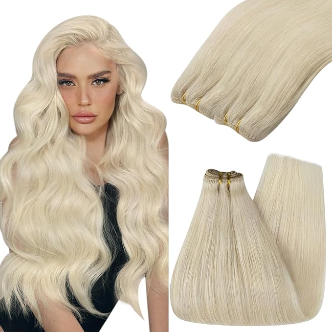 YoungSee Sew in Hair Extensions Real Human Hair Blonde Hair Extensions Weft Platinum Blonde Soft and Smooth Sew in Bundles Human Hair 18Inch 100G