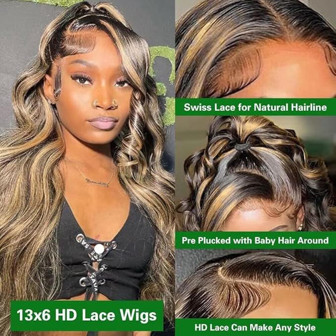 FB/27 Balayage Highlight Lace Front Wig Human Hair 13x6 HD Lace Front Wigs Human Hair Body Wave Wig 180% Density Glueless Wig for Black Women Colored Wigs Human Hair 18 Inch Highlight Wig
