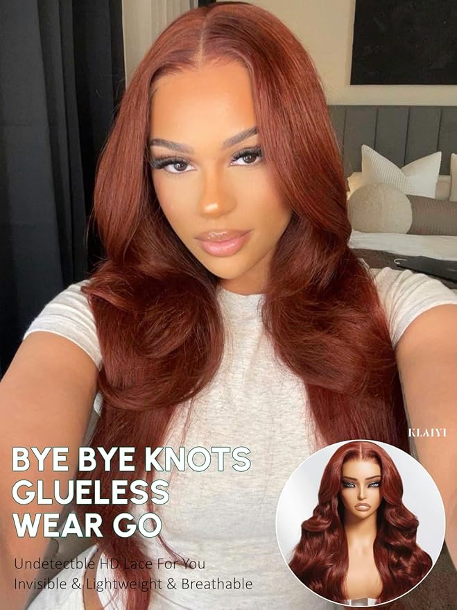 KLAIYI Bye Bye Knots Glueless Wig Reddish Brown Body Wave 7x5 Pre Cut HD Lace Front Wigs Human Hair Put On And Go Wig Pre Bleached Pre Plucked with Baby Hair 30S Ready To Wear 150% Density Full 24Inch