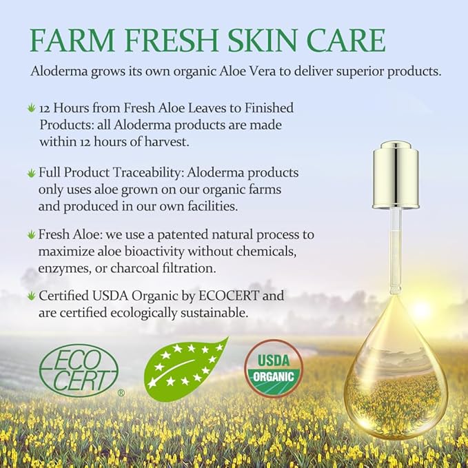 Aloderma 99% Organic Aloe Vera Gel Made within 12 Hours of Harvest - Pump Bottle - Lightweight Aloe Gel for Face and Body, Soothing and Hydrating Sunburn Relief, Great for Scalp & Hair - 6 x 10.6oz