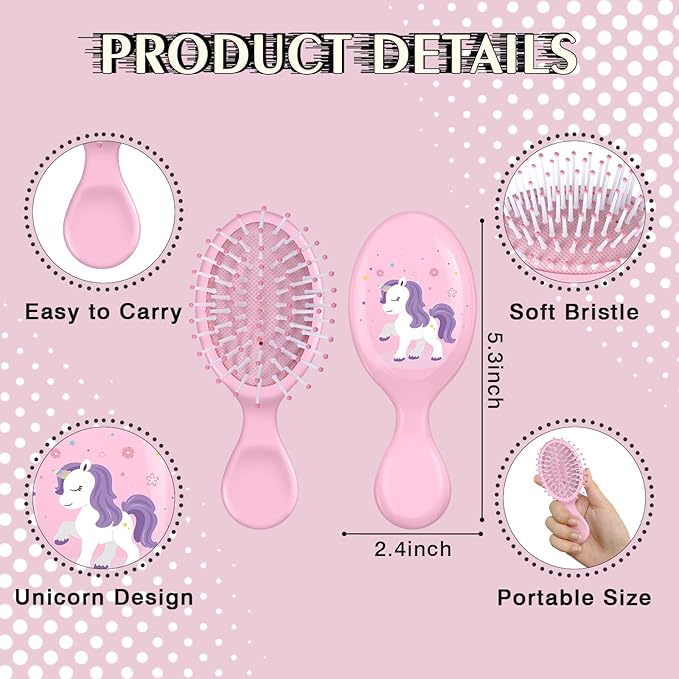 12 Pcs Unicorn Mini Detangler Brush, Mini Travel Hair Brush, Bristles Plastic Detangling Brush,No Tangle Soft Flexible Bristles for Straight, Curly, Thick Hair for Party Gift