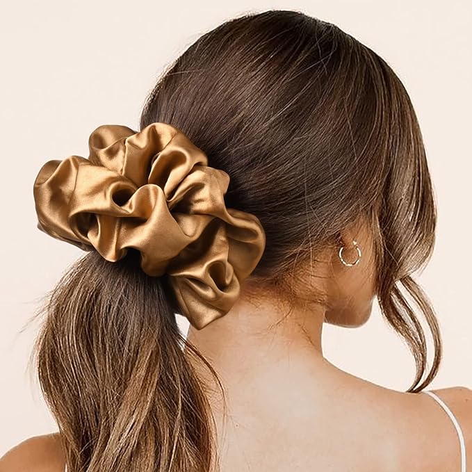 CEELGON Large Silk Satin Scrunchies for Women Big Scrunchies Jumbo Satin Hair Ties Oversized Hair Scrunchies for Thick Curly Hair Pack of 6 (Black,Champagne,Brown,Gold)