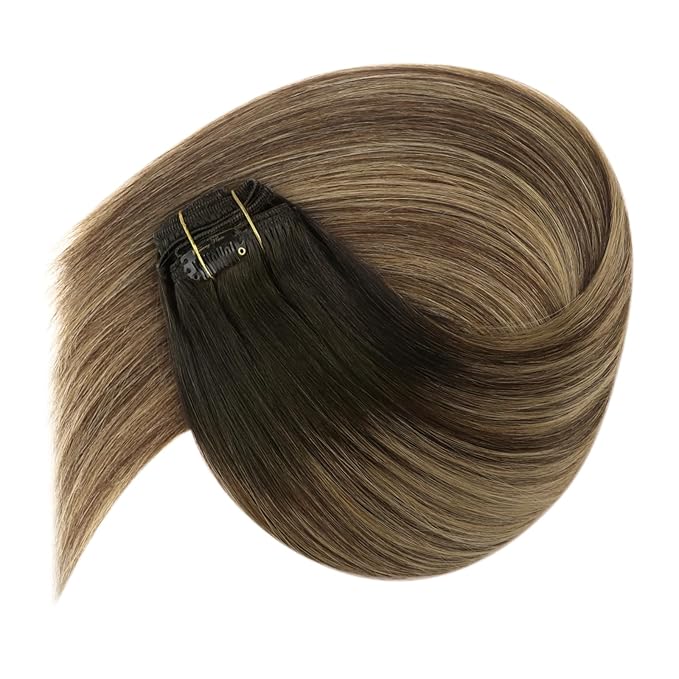 Ve Sunny Human Hair Clip in Extensions, Balayage Clip in Hair Extensions, Clip in Extensions Real Human Hair, Black Root Brown to Blonde Hair Extensions for Daily Use, 20inch 7pcs 120g