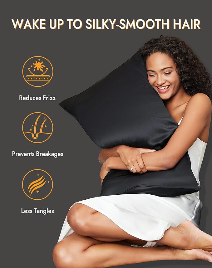 SilkSilky 100% Mulberry Silk Pillowcase - Pure 22 Momme High-Grade 6A Fibers for Hair & Skin, Envelope Closure, Natural, Organic, Breathable & Cooling Pillow Case (Queen, Black)