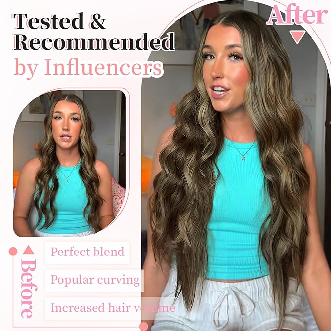 KooKaStyle Clip in Synthetic Hair Extensions Long Wavy 4PCS Thick Hairpieces Brown mix Sandy Blonde Fiber Double Weft Natural Hair Extensions 20 Inch for Women