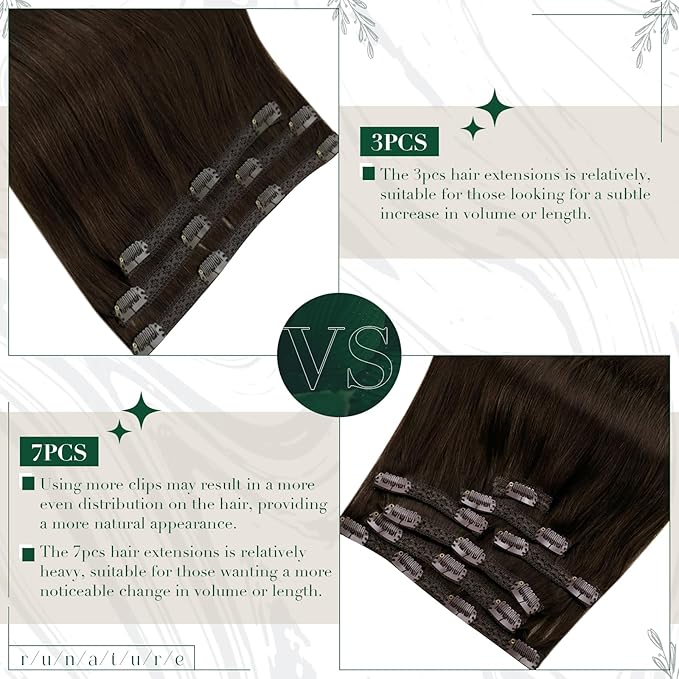 RUNATURE Brown Clip in Hair Extensions, Real Hair Extensions Clip Ins, Double Weft Human Hair Clip in Extensions, Remy Natural Hair for Women, Tangle-free Hair, 14 Inch 50g 3pcs #2 Dark Brown
