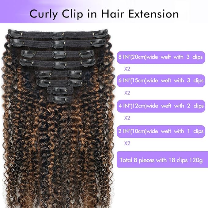 FB30 Highlight Ombre Curly Clip In Extension Human Hair 3C 4A Kinky Curly Clip Ins Full Head for Black Women Brazilian Remy Human Hair Balayage Brown 8Pcs with18clips 120g/Set (24 inch)