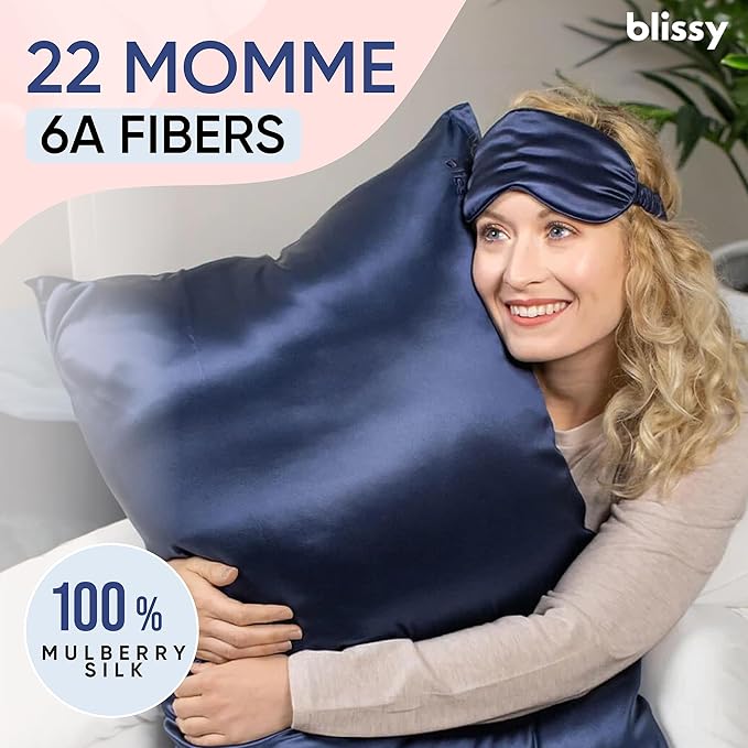Blissy Silk Pillowcase - 100% Pure Mulberry Silk - 22 Momme 6A High-Grade Fibers - Silk Pillow Cover for Hair & Skin - Regular, Queen & King (Blue, Standard)