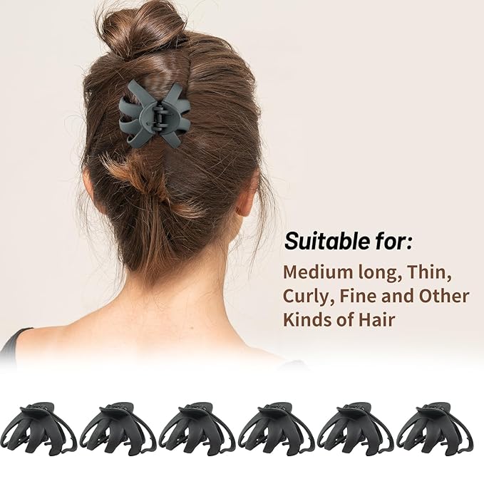 2.8 Inch Medium Octopus Hair Clips for Women, Black Matte Hair Claw Clips for Thin Fine Hair, Strong Hold Non-slip Spider Hairclips Jaw Clip