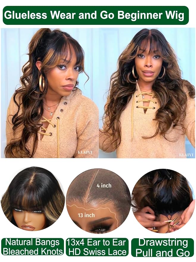 KLAIYI Ombre Brown Loose Body Wave Pre Everything Glueless 13x4 HD Lace Front Human Hair Wig with Natural Bang Highlight Balayage Brown Precut Lace Pre Plucked Bye Bye Knots Drawstring Wig 180% 16Inch