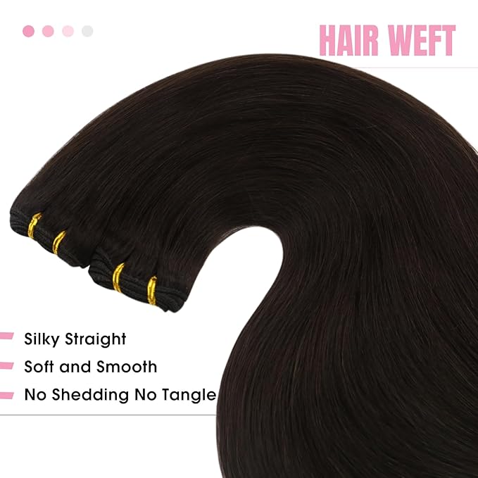 YoungSee 130G Weft Hair Extensions Human Hair Dark Brown Double Weft Human Hair Extensions Darkest Brown Sew in Extensions Thick Remy Hair 24 Inch