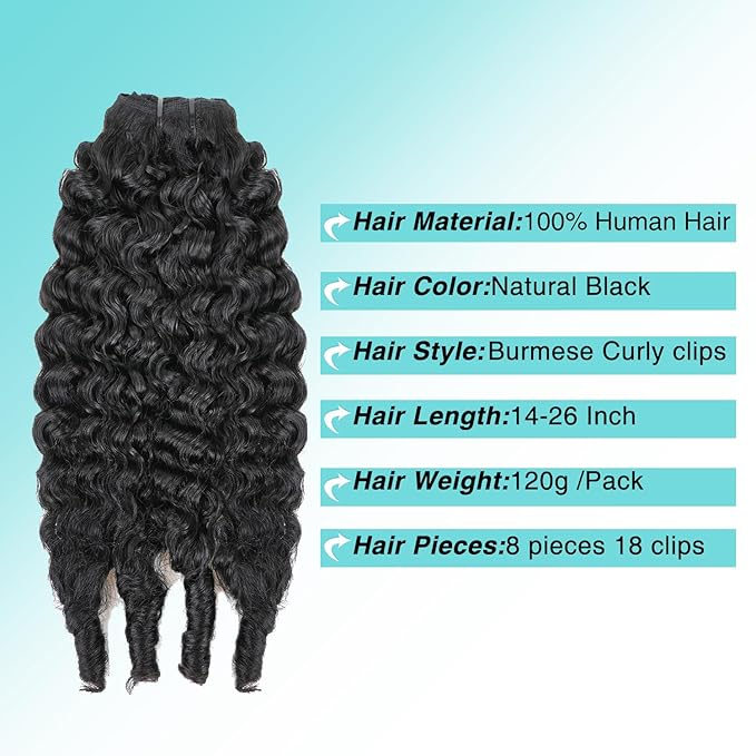Burmese Curly Clip In Hair Extensions Real Human Hair 8pcs 120g/Set Spirally Curly Classic Clips Ins Full Head For Black Women 26 Inch Natural Black