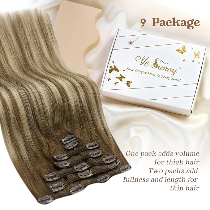 Ve Sunny Balayage Clip in Hair Extensions Brown Blonde Human Hair Clip in Extensions Ombre Hair Extensions Real Human Hair Clip ins Short Straight Hair Soft and Natural 100g 14in