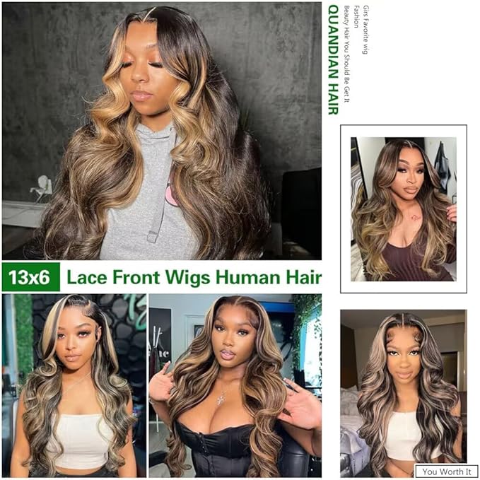 13x6 Body Wave Lace Front Wigs Human Hair 180% Density FB/27 Balayage Highlight Lace Front Wig Human Hair 24 Inch HD Lace Frontal Wigs Glueless Wigs Balayage Wig