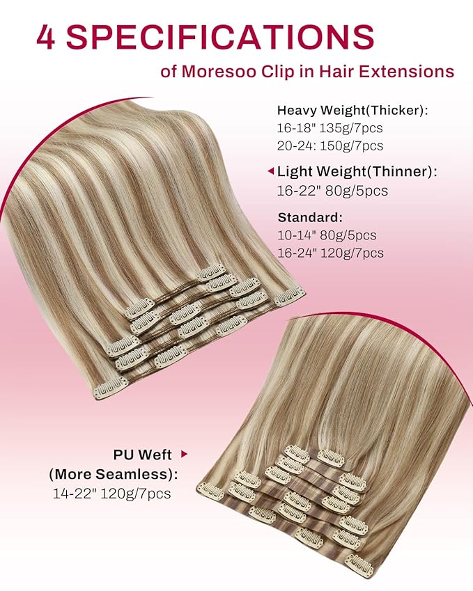 Moresoo Clip in Hair Extensions Real Human Hair Double Weft Human Hair Clip in Extensions Straight Light Brown Highlight with Blonde 5pcs 80g 20inch
