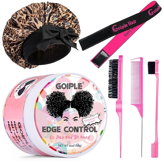 Goiple Edge Control Wax for Women Strong Hold Non-greasy Edge Smoother Strawberry Scent Edge Control Wax + Edge Scarf + Hair Bonnet, Pink