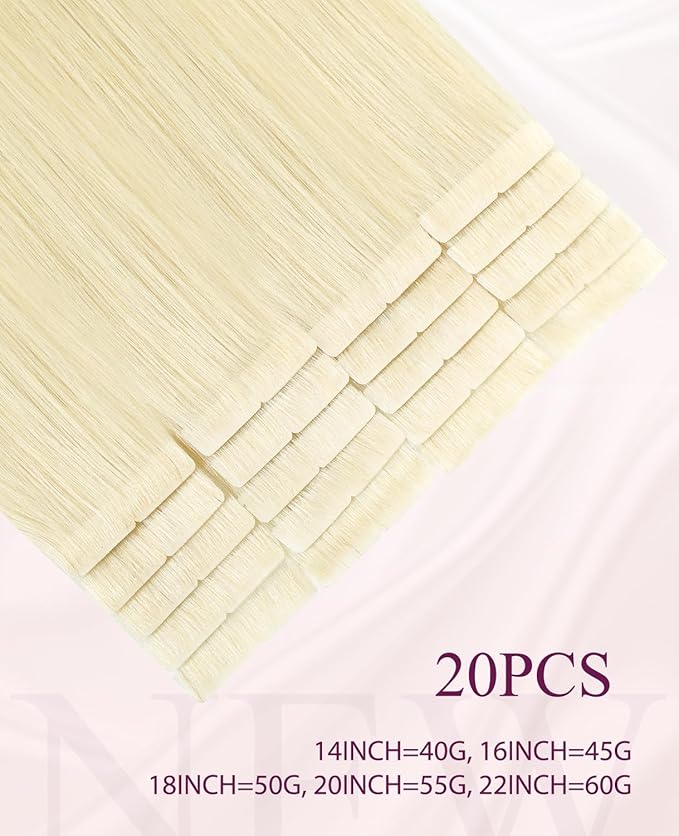 Pinkpearl Invisible Tape in Hair Extensions Human Hair, 20pcs 14inch 40g #60 Platinum Blonde Injection Tape in Extensions Real Remy Straight Seamless Silky Human Hair Injected