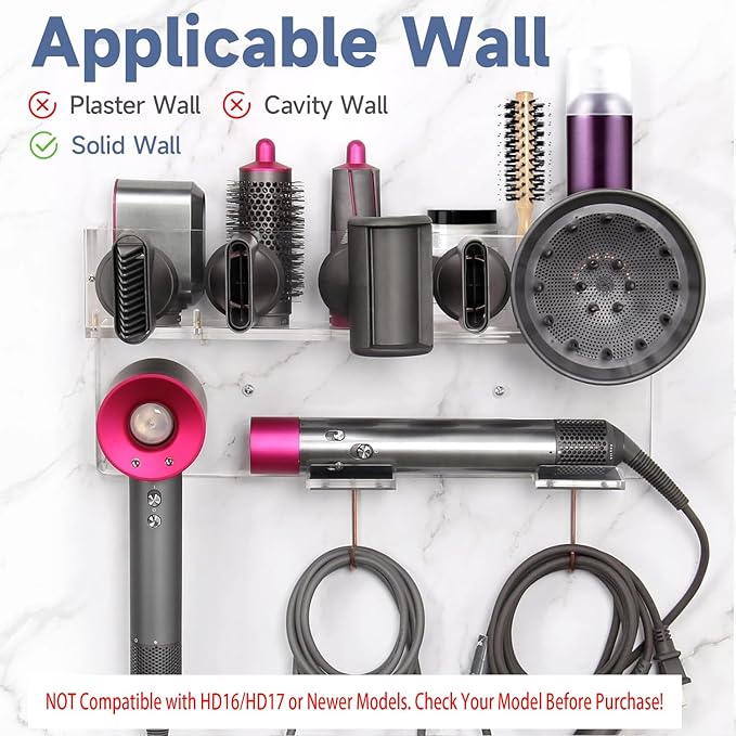 Wall Mount Holder Compatible with Dyson Airwrap Styler Supersonic Hair Dryer, Organizer for Storage Attachments, Rack with Hooks for Accessories Nozzles Barrels Brushes