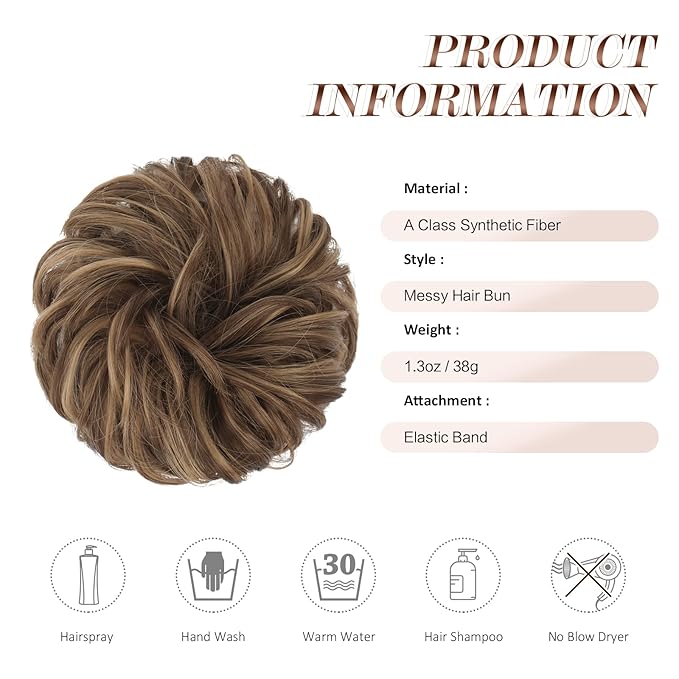 FESHFEN Messy Bun Hair Piece - Elastic Wavy Curly Hair Bun Scrunchies Extensions Synthetic Chignon Hairpieces for Women Girls, Brown Mixed Honey Blonde 1.5 oz