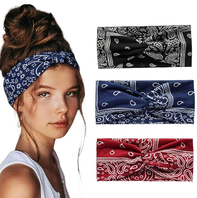 3 Pack Headbands for Women - Short Hair Bandana Headbands, Non Slip Elastic Sweat Hairbands, Soft Fabric Hair Wraps for Girls - Suitable for Workout, Yoga, Running & Sport