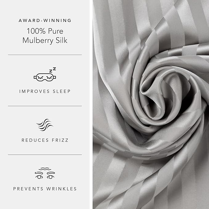 Fishers Finery 25mm 100% Pure Mulberry Silk Pillowcase 2 Pack (Gray Stripe Standard 2 Pack)