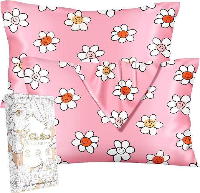 2 Pack Mulberry Silk Pillowcase for Hair and Skin - Standard Size 20 x 26 Inches with Hidden Zipper PK Laugh Flower 19 Momme Soft Sleeping Silk Pillow Case for Women, Moms