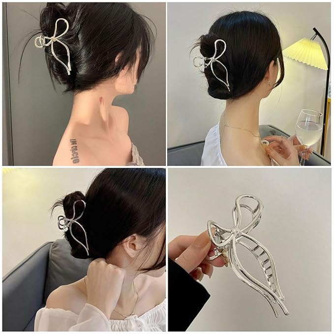 Silvery Bowknot Metal Hair Clips - Elegant Non-Slip Strong Hold Grip Jaw Clips for Thick Hair Accessories