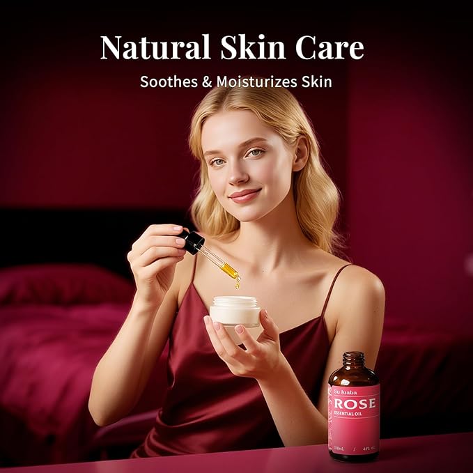 SU JUABA Rose Essential Oil 4 Fl Oz, 100% Pure Rose Oil for Face, Skin, Hair, Diffuser, Aromatherapy -118ml