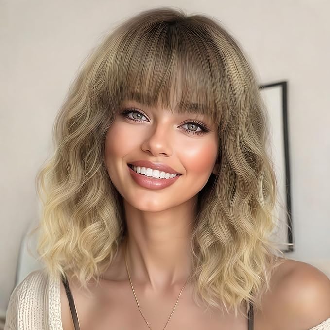 AISI HAIR Curly Bob Wig with Bangs Ombre Blonde Color Short Wavy Wigs for Women Bob Style Synthetic Heat Resistant Bob Wigs