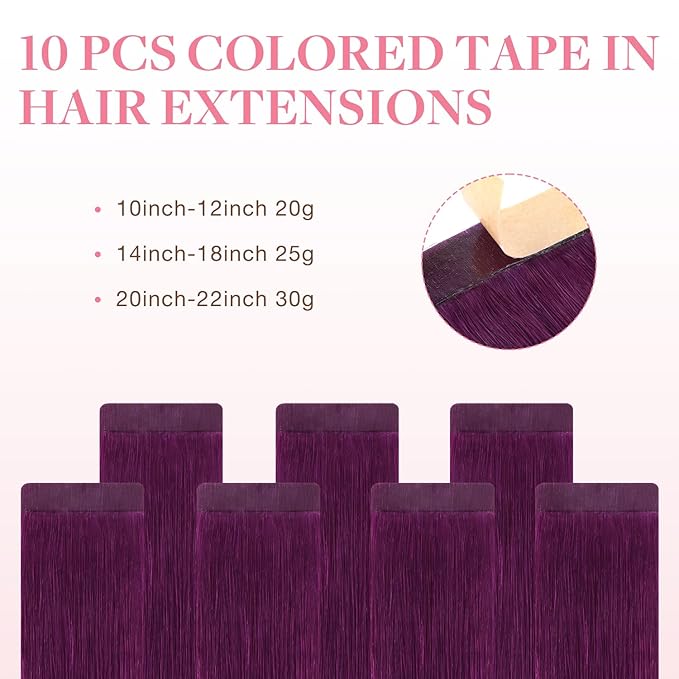 GOO GOO Tape in Hair Extensions Human Hair, Violet, 14inch 25g 10pcs, Colored Tape ins Human Hair Extensions, Silky&Soft Invisible Tape Ins, Hair Highlighted for Party