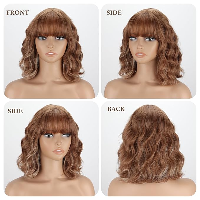 MISSQUEEN Light Brown Wavy Wig with Bangs Short Synthetic Curly Blonde Brown Highlight Wigs Heat Resistant Synthetic Fibre Wigs for Women Girls Daily Party Holiday Festival Chrismas Used