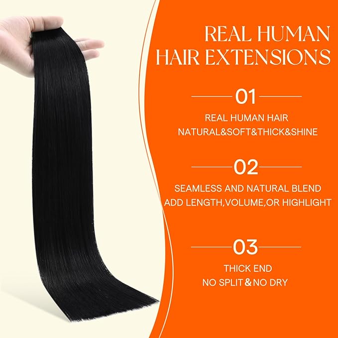 Full Shine Tape in Hair Extensions Color 1 Black 18 Inch Seamless Invisi Edge Double Sided Tape in Extensions Real Human Hair Add Length for Wedding 20 Pcs 50 Grams Soft Natural Look