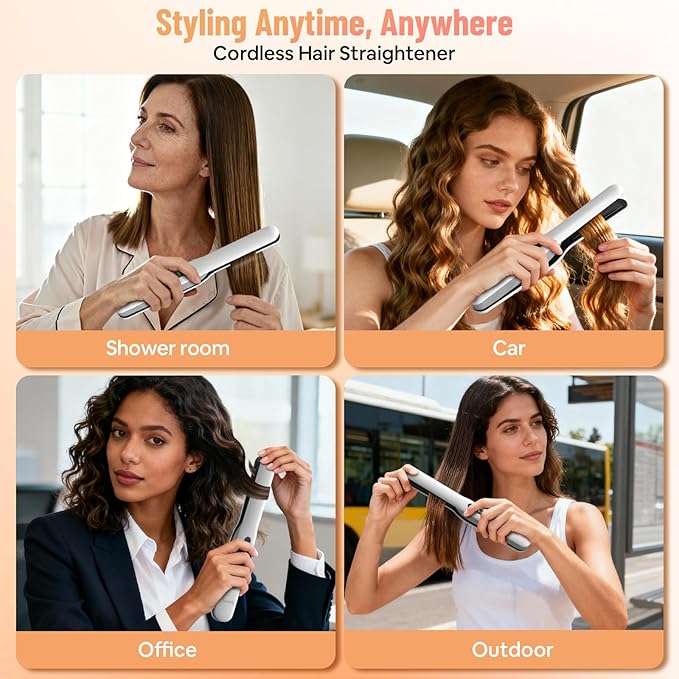 Cordless Hair Straightener, SUNMAY 2-in-1 Titanium Flat Iron Curler with Negative Ion, Dual NTC Temperature Control, 20s Fast Heat-Up, 3 Heat Settings, USB Rechargeable Portable Travel Straightener
