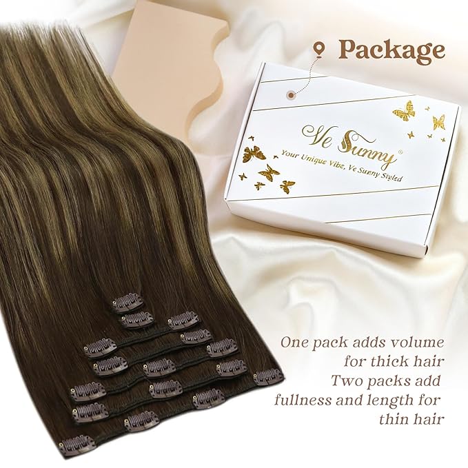 Ve Sunny Human Hair Clip in Extensions Brown Balayage Clip in Hair Extensions Ombre Dark Brown to Caramel Blonde Hair Extensions Real Human Hair Clip in 7pcs 20inch 120g
