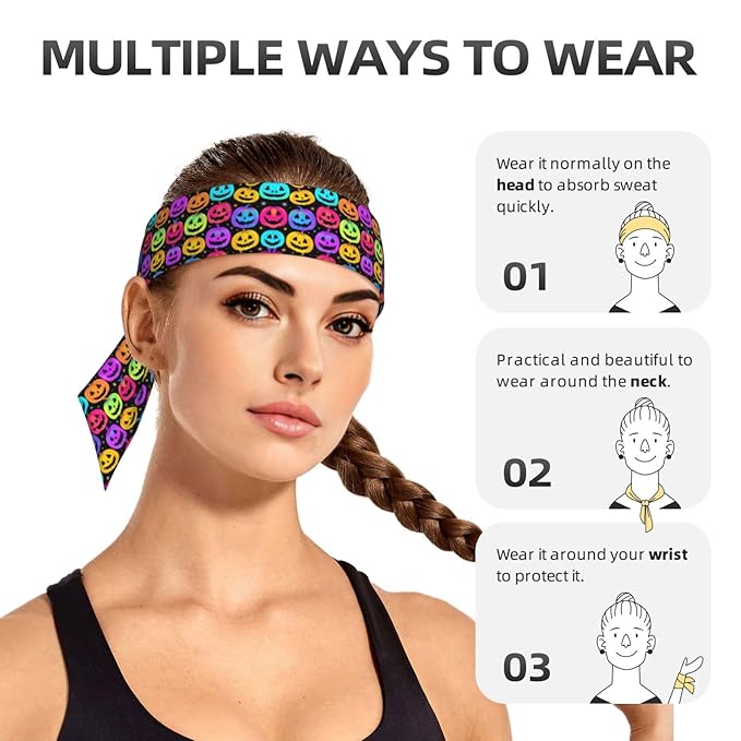 Men Women Beauty Skinny Sports Sweat Band Hand Decor for Running Travel Spa, Long Boho Style Halloween Trippy Neon Pumpkin Skull Hair Band Headdress