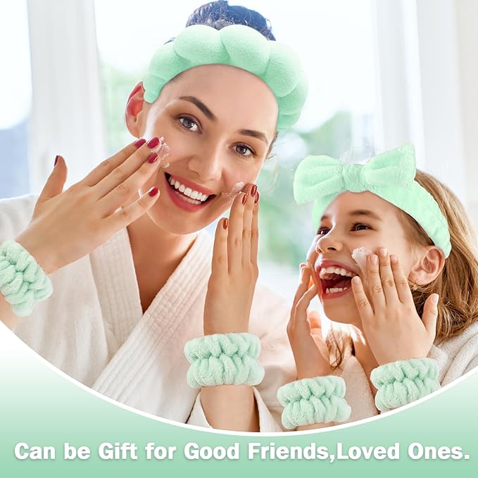 Zkptops 6Pcs Spa Headband for Washing Face Wristbands Set Women Bubble Skincare Makeup Sponge Terry Cloth Padded Puffy Headband Bow Tie Hairband Cute Non Slip Thick Hair Accessory Gifts (Light Green)