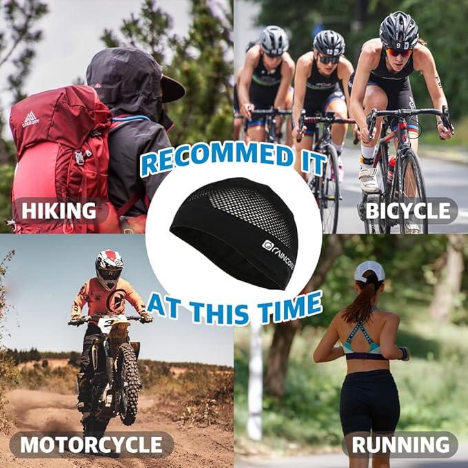 RAINCORE Skull Cap Inner Helmet Liner (with Pouch), Carabiner Clip - Breathable Mesh - Lightweight - Quick Dry - Cycling- Running - Motorcycle - Workout - for Men and Women Cap Black