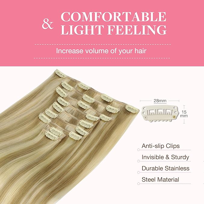 GOO GOO Clip in Hair Extensions Real Human Hair, Remy Human Hair Extensions Clip ins for Women, Natural Human Hair, 22inch 150g 9Pcs, 16/22 Light Blonde Highlighted Golden Blonde