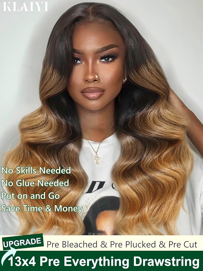 KLAIYI Ombre Highlight Blonde Loose Wave Pre Everything Glueless 13x4 Lace Front Wigs Human Hair Drawstring Balayage Brown Pre Cut Pre Plucked Bleached Ready to Wear and Go Wig with Dark Roots 26Inch