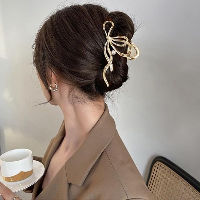 Metal Bow Hair Clips Bow Hair Claw Clips with Pearl Large Bowknot Claw Clip Strong Hold Nonslip Hair Jaw Clip for Thin Thick Hair Stylish Hair Accessories for Women Gold
