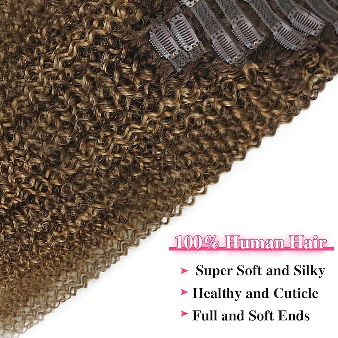 Kinky Curly Clip in Hair Extensions Real Human Hair 4/27/4 Omber Kinky Curly Clip ins For Women 3c 4a Brazilian Virgin Clip on Hair (16inch,#4/27/4)