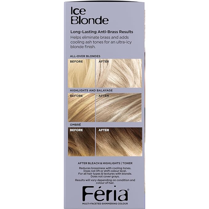 L'Oreal Paris Feria Long-Lasting Anti Brass Power Hair Toner, Ammonia Free Demi Permanent Hair Color, Pearl Blonde Hair Toner, 1 Application (Pack of 2)